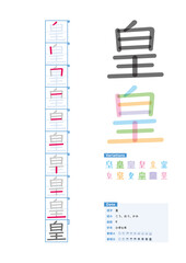 書き順_小学6年_皇（こう、おう、かみ）_Stroke order of Japanese Kanji - obrazy, fototapety, plakaty