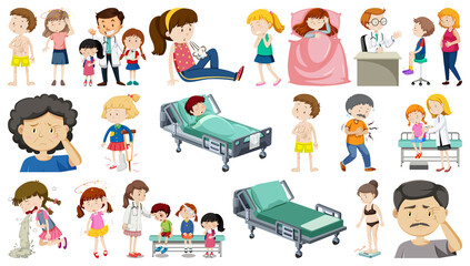 Set of sick people with different symptoms