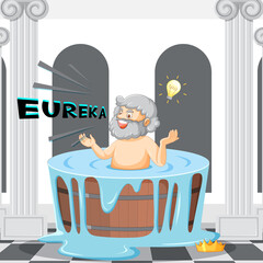 Archimedes in bathtub cartoon with the word Eureka - obrazy, fototapety, plakaty