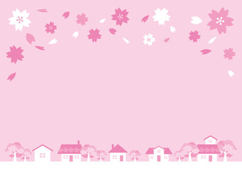 Obraz na płótnie Canvas 可愛い春の街並みの風景のイラスト　桜　テンプレート　コピースペース　フレーム