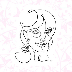 International Women's Day minimal design line drawing style. Portrait of young woman beauty face isolated on pastel leaf background. Vector for Spa, fashion, hairdressing and beautiful artwork design.