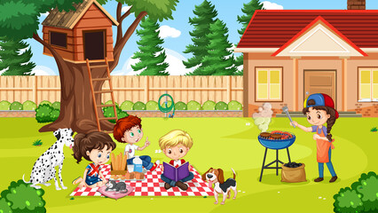 Scene of backyard with kids and fence