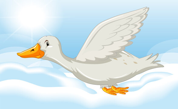 White duck flying in blue sky