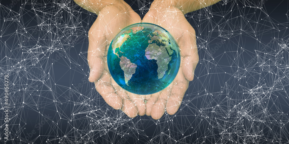 Poster double exposure of hand of businessman touching circle global network connection and data exchanges 