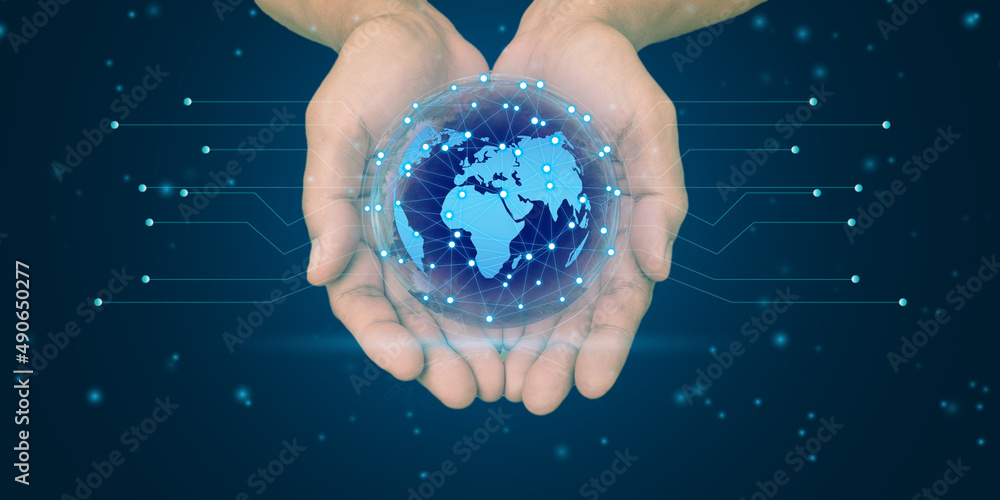 Poster double exposure of hand of businessman touching circle global network connection and data exchanges 