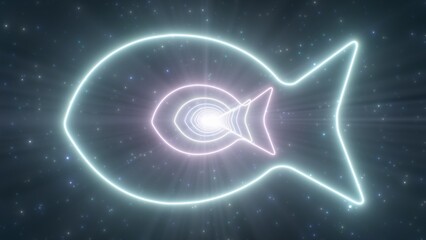 Simple Fish Outline Shape Blue Glowing Neon Lights Tunnel Wormhole - Abstract Background Texture