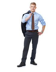 He got the job, now to own it. A young businessman with his jacket over his shoulder isolated on white.