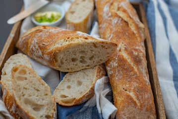 Home made fresh french Baguette loafs on a table