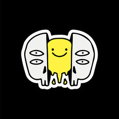 Obraz premium Four eyes skull head with melt smile face inside. Illustration for street wear, t shirt, poster, logo, sticker, or apparel merchandise. Retro and pop art style.