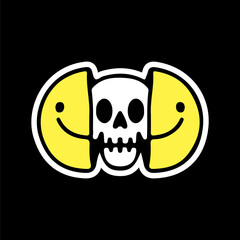 Two half of smile face with skull head inside. Illustration for t shirt, poster, logo, sticker, or apparel merchandise.