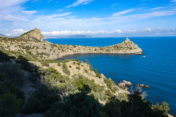 Beautiful seascape, panorama of cape Kapchik to the Galitsin Trail. Russia.