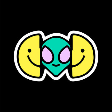 Two half of smile face with alien head inside. Illustration for t shirt, poster, logo, sticker, or apparel merchandise.
