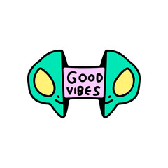 Two half of alien face with good vibes typography inside. Illustration for t shirt, poster, logo, sticker, or apparel merchandise.