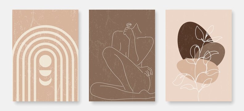 Wall Art set Boho Style.  Set of 3 Prints with Line Art Woman, Rainbow, Leaves. Abstract Print for Wall Decor. Bohemian Background. Vector EPS 10