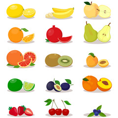 Fresh ripe fruits. Lemon, orange, grapefruit, lime, banana, pomegranate, kiwi, plum, cherry, apple, pear, apricot, peach, berries. Vector illustration.