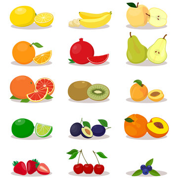 Fresh ripe fruits. Lemon, orange, grapefruit, lime, banana, pomegranate, kiwi, plum, cherry, apple, pear, apricot, peach, berries. Vector illustration.