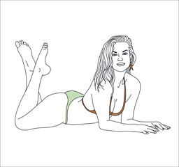 Summer Sea beach Beautiful girl in swimsuit, vector illustration