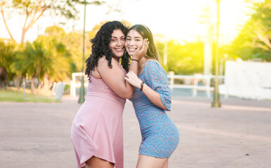 Two female friends hugging in front outdoors, girl friends hugging and enjoying life, women friendship concept