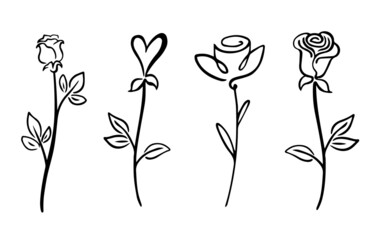 Black line rose flowers. Vector Outline illustration. Nature flower plants. Monochrome floral line art. Hand drawn simple garden logo set