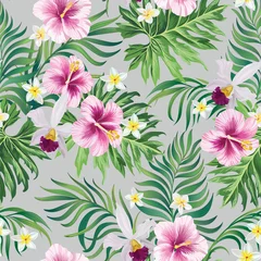 Fototapeten Vector tropical pattern with hibiscus flowers and exotic palm leaves. Trendy summer background. Summer floral illustration. © Logunova  Elena