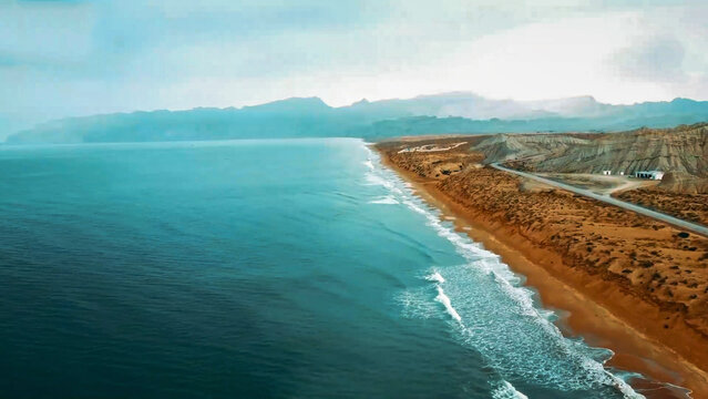 An Aerial view of the famous, "Golden Beach", of Balochistan. Pakistan. The Golden Beach (also known as Malan Beach) is the coastal areas of Ras Malan.