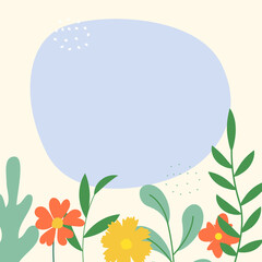 Abstract spring and summer flat simple natural background with flowers, plant and copy space for banner, greeting card, poster. Illustration