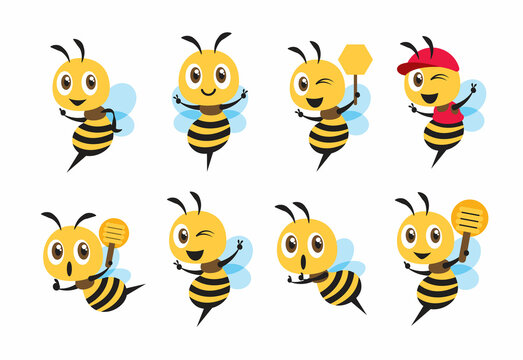 Flat design cartoon cute bee mascot set with different poses. Cartoon cute bee showing victory sign, holding a honey dipper and wearing cap. Flat vector illustration