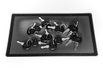 black and white photo, keys on a black board