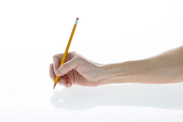 Man hand holding a pencil on white background