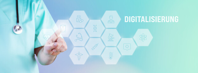Digitalisierung im Gesundheitswesen. Männlicher Arzt zeigt mit Finger auf digitales Hologramm aus Icons. Text mit medizinischen Begriff. Konzept für Digitalisierung in der Medizin