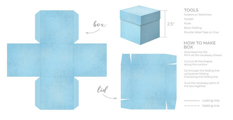 Printable template DIY party favor square box for birthdays, baby showers. Blue Gift box template for cute candies small presents. Isolated on white background. Print, cut out, fold, glue.