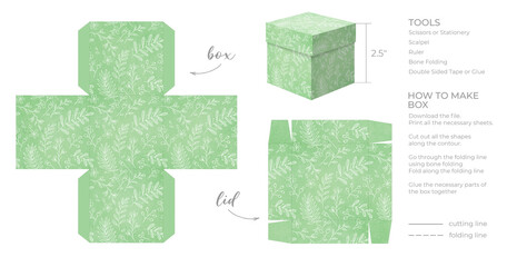 Printable template DIY party favor box for birthdays, baby showers. Gift green square box template for cute candies small presents. Isolated on white background. Print, cut out, fold, glue.