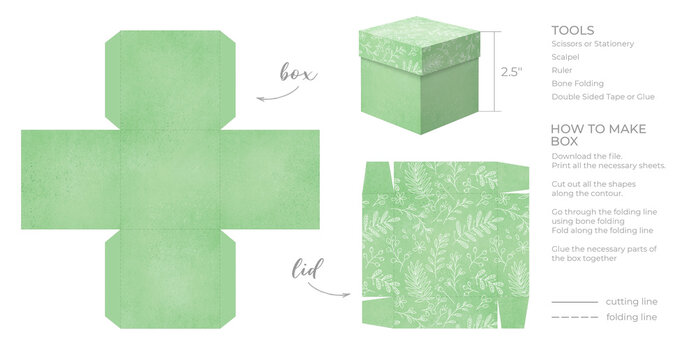 Printable template DIY party favor box for birthdays, baby showers. Gift green square box template for cute candies small presents. Isolated on white background. Print, cut out, fold, glue.
