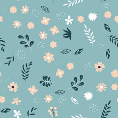 Fototapeta na wymiar Seamless Pattern Background with Simple Flower and Leaves Design Elements. Illustration