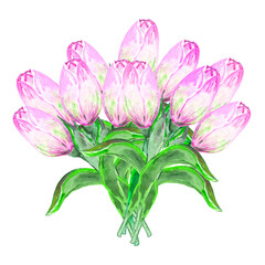 Watercolor illustration of a huge bouquet of light pink, purple tulips, many flowers, spring flowers
