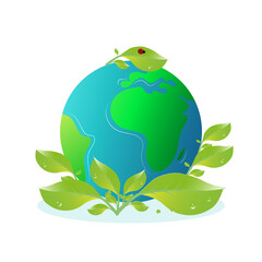 the green and beautiful planet earth is decorated with a green leaf with a bug on top