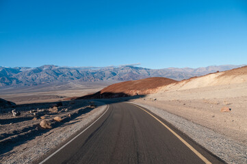The road through the artists palletes drive in Death Valley National Park, California.