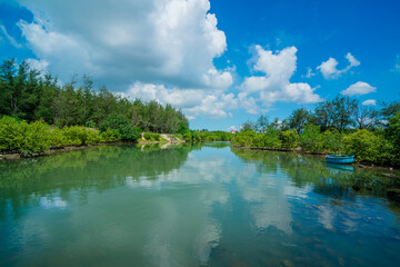 Beautiful blue skyline panoramic in Loc An Canal. Scenery landscape of fishing port with tsunami...