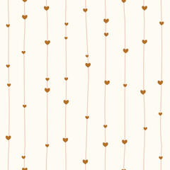 Striped seamless pattern with hearts. Retro background with hand drawn lines. Minimalistic Scandinavian style in pastel colors. Ideal for printing baby clothes, textiles, fabrics, wrapping paper.