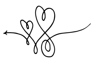 Hand drawn crumpled grunge heart doodles with thin lines, divider shape. Isolated on a white background. Vector illustration