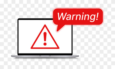 Warning notification on computer laptop isolated on transparent background.