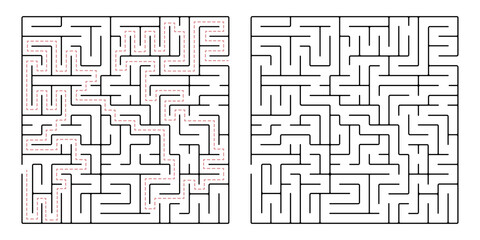 Square maze, a simple logic game with labyrinths. Vector maze game.
