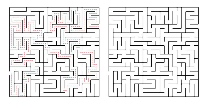 Square maze, a simple logic game with labyrinths. Vector maze game.
