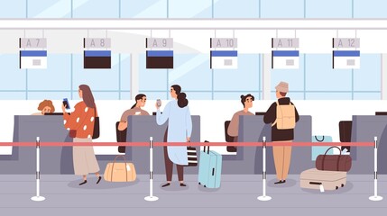 People at airport check-in counters. Passengers at terminal desks during registration for flight. Airline staff checking tickets, passports, boarding passes and baggage. Flat vector illustration