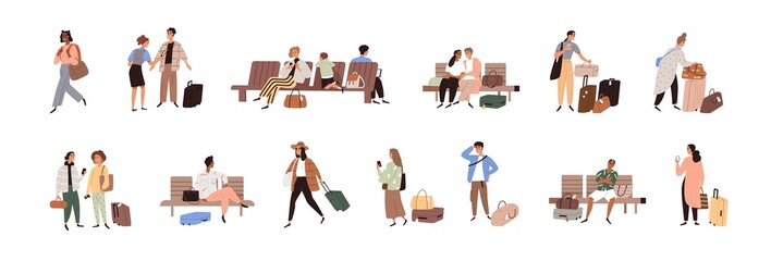 People in airport set. Tourists with luggage at terminal. Passengers with baggage traveling. Men and women with suitcases waiting for departure. Flat vector illustrations isolated on white background