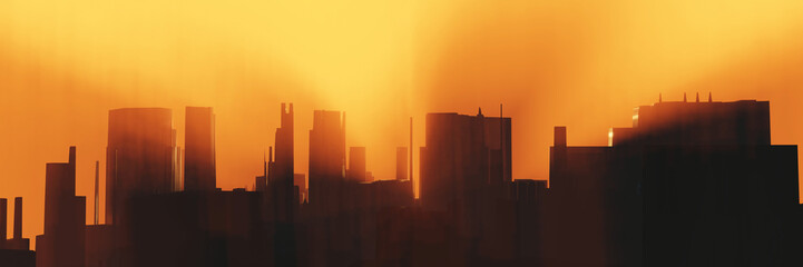 Panoramic future modern city silhouette in morning orange sunrise misty fog. Urban skyline background, 3D illustration © Space Creator