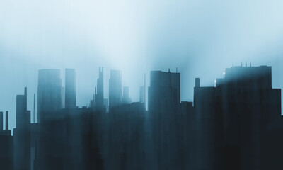 Fototapeta na wymiar Future modern city silhouette in morning blue misty fog. Urban skyline background, 3D illustration