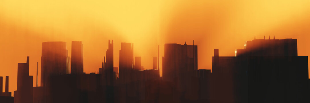 Panoramic future modern city silhouette in morning orange sunrise misty fog. Urban skyline background, 3D illustration