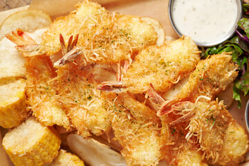 Shrimp tempura and sauce on a cutting board