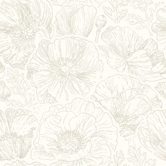 Poppy flowers lineart seamless pattern, neutral floral wallpaper - 490660663